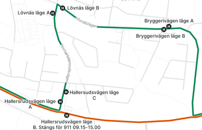 Kartbild över färdväg för buss 911